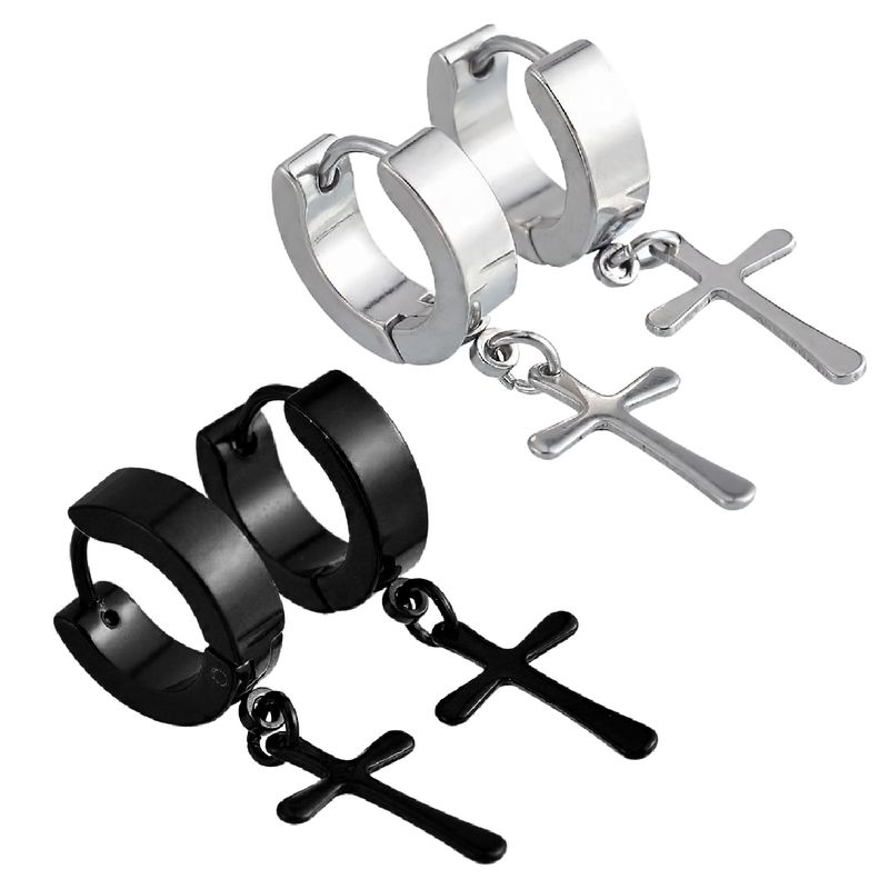 MILLAM - Pack de Aros Acero Huggies con Cruz 2 pares Negro y Plateado