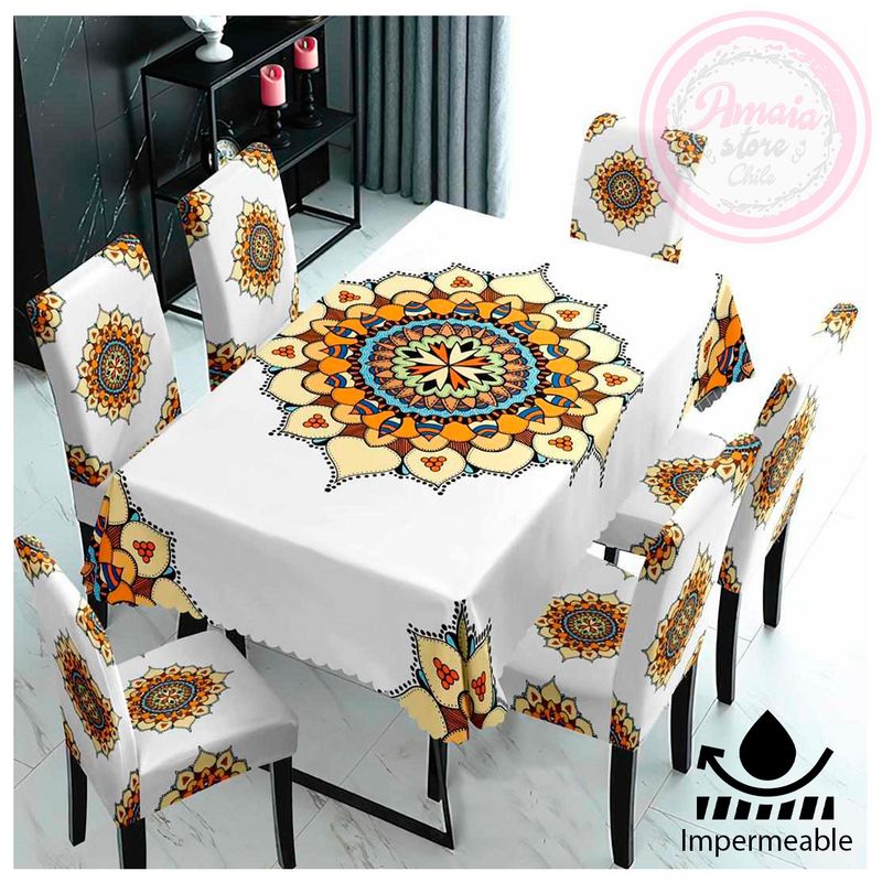GENERICO - Set De Mantel Comedor Impermeable + 6 Fundas / Silla Mandala