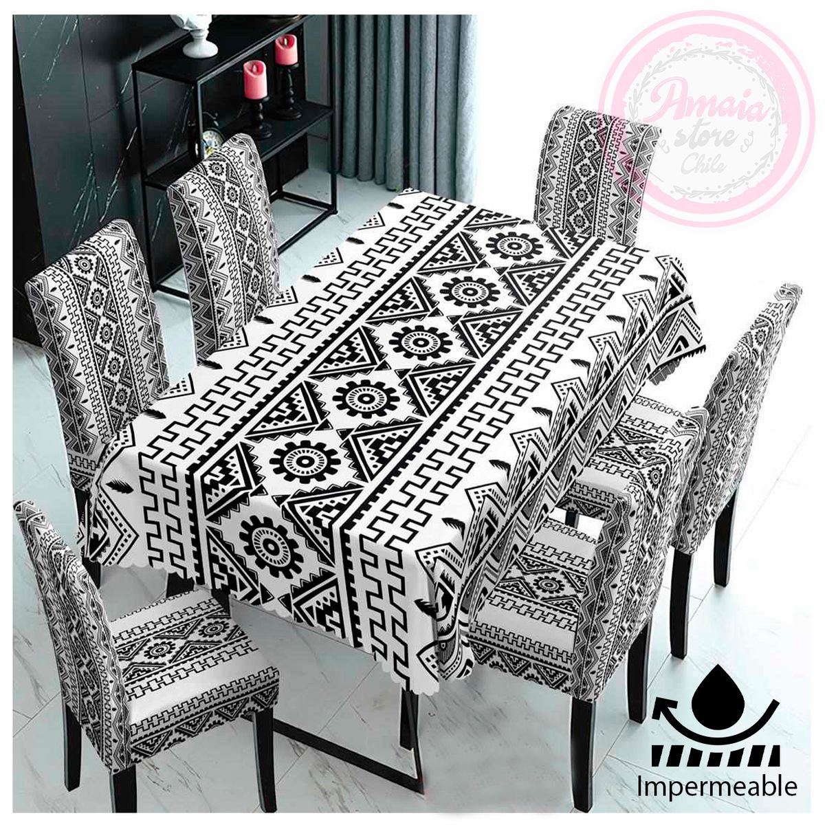 GENERICO - Set De Mantel Comedor Impermeable + 6 Fundas / Silla Negro