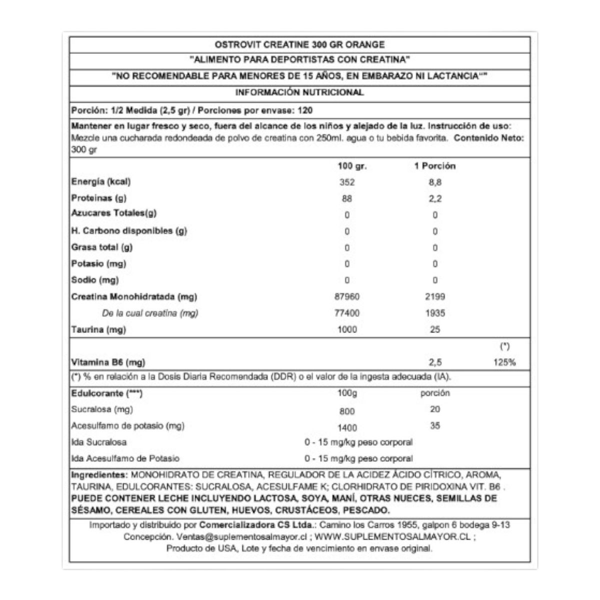 OSTROVIT - Creatina monohidratada - 300 gramos - Naranja - Ostrovit 60 servicios