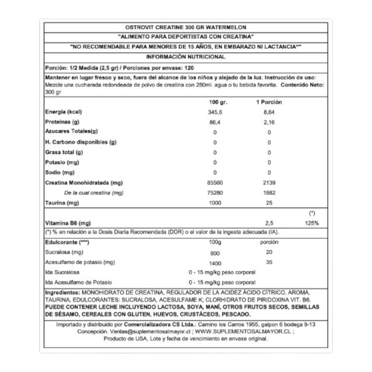 OSTROVIT - Creatina monohidratada - 300 gramos - Sandía - Ostrovit 60 servicios