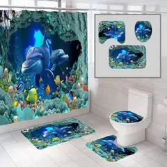 GENERICO - Cortina De Ducha Set De Alfombra Tapete Baño Delfines