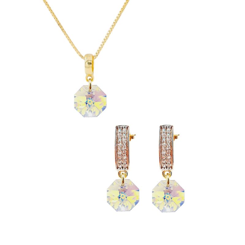 JOYAS MONTERO - Conjunto Bruselas Baño Oro 24K y Cristal Genuino AuroraBoreal
