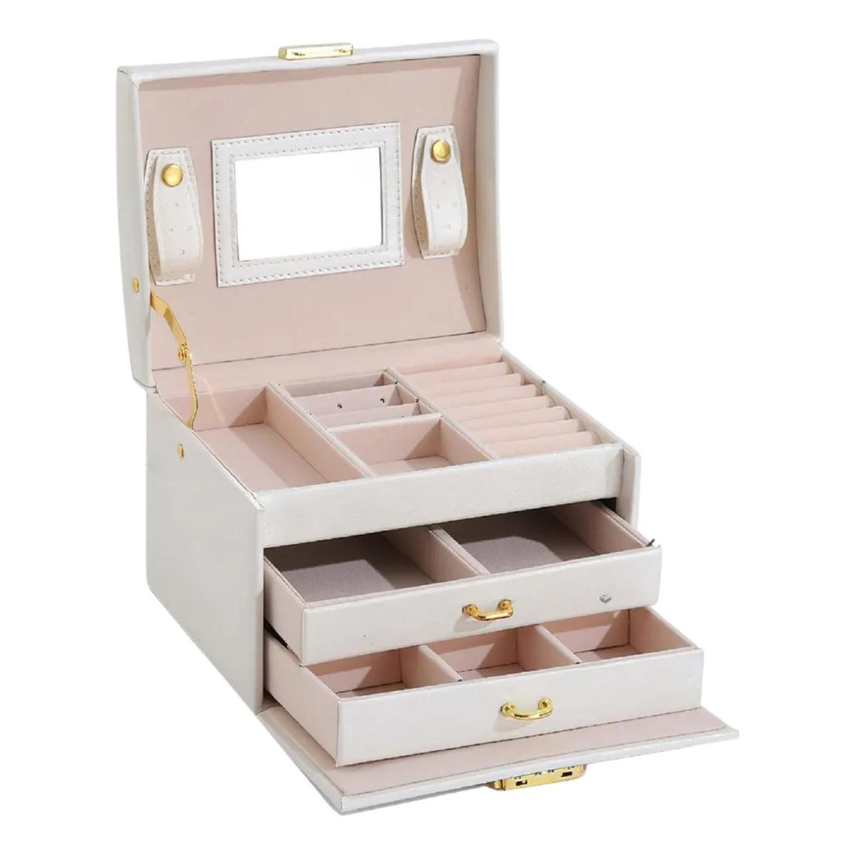 IMPORTCLICK - Joyero 3 Niveles Doble Cajón Eco Cuero Blanco - Blanco