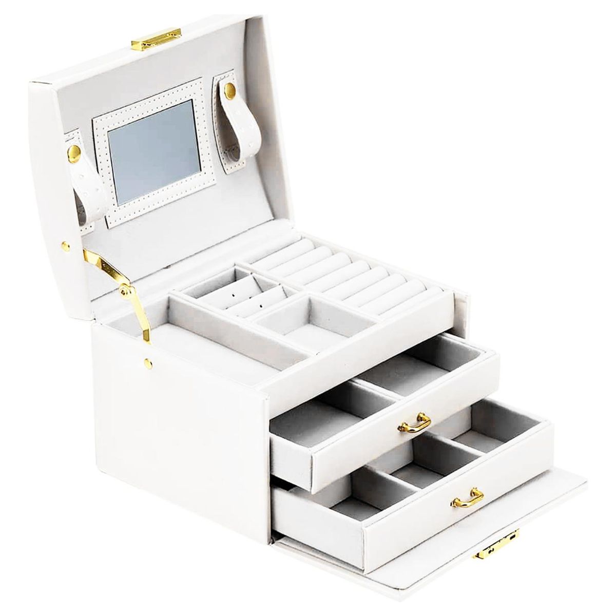 IMPORTCLICK - Joyero 3 Niveles Doble Cajón Eco Cuero Blanco - Blanco