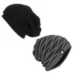 MILLAM - Pack x2 Gorro Algodón Tejido Negro y Gorro Relieve Gris con Polar