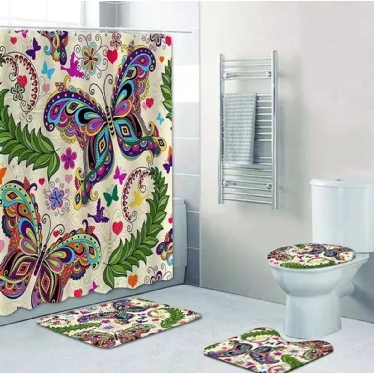 GENERICO - Cortina De Ducha  Set De Alfombra  Tapete Baño Mariposas