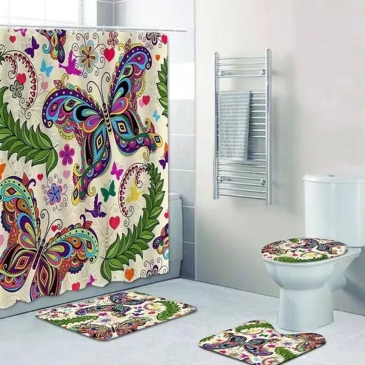 GENERICO - Cortina De Ducha  Set De Alfombra  Tapete Baño Mariposas