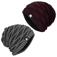 MILLAM - Pack x2 Gorros Tejido con Relieve y Forro Polar Burdeos y Gris