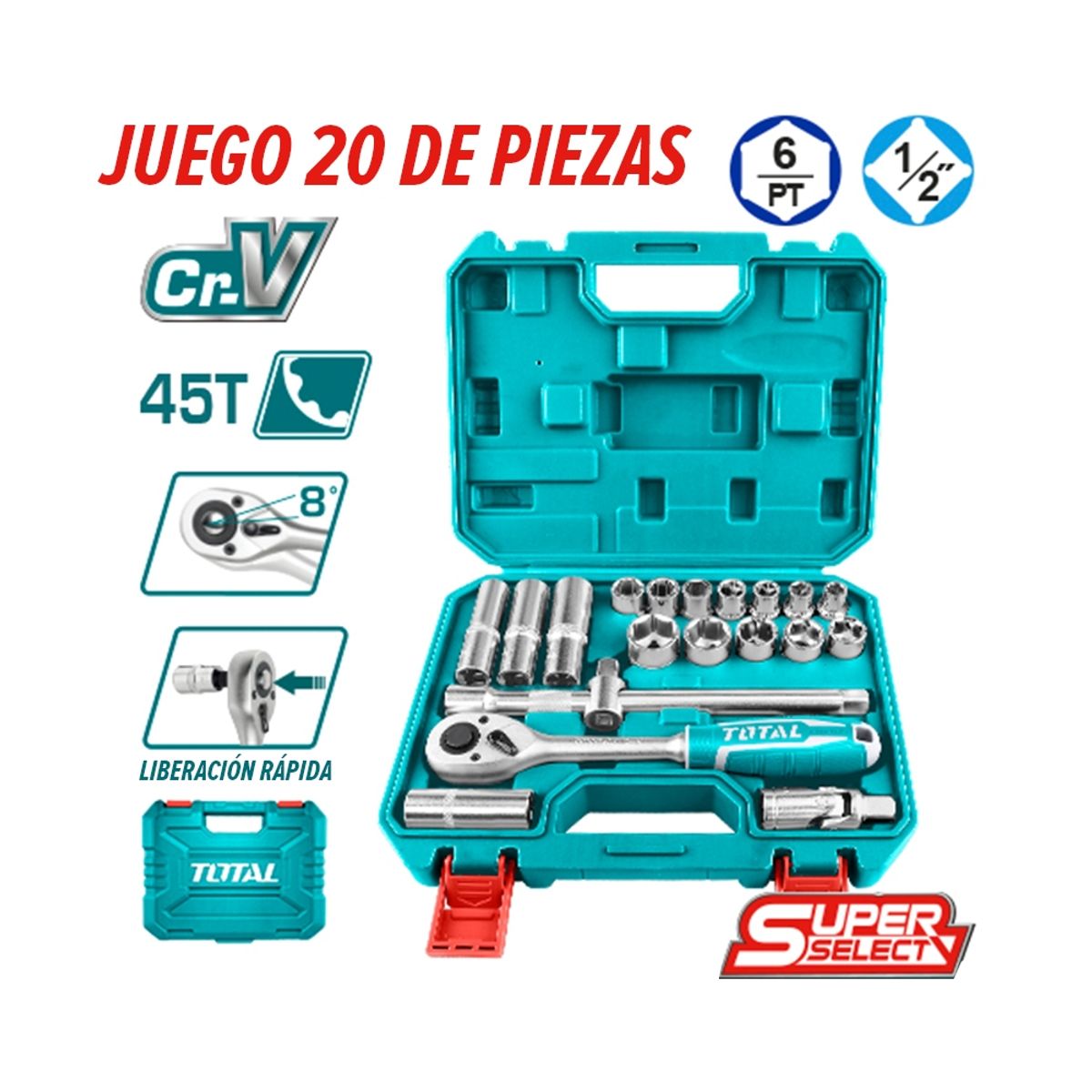 TOTAL TOOLS - Juego de Dados 1/2 Pulgadas 20 Piezas TOTAL