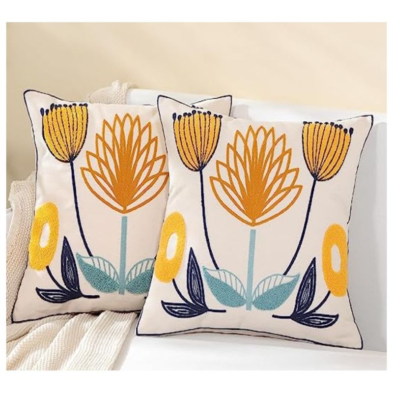 COMPRAPO - Set pack 2 Fundas para Cojín Bordado Flores Mostaza y Azules 45x45 cm