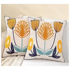 COMPRAPO - Set pack 2 Fundas para Cojín Bordado Flores Mostaza y Azules 45x45 cm