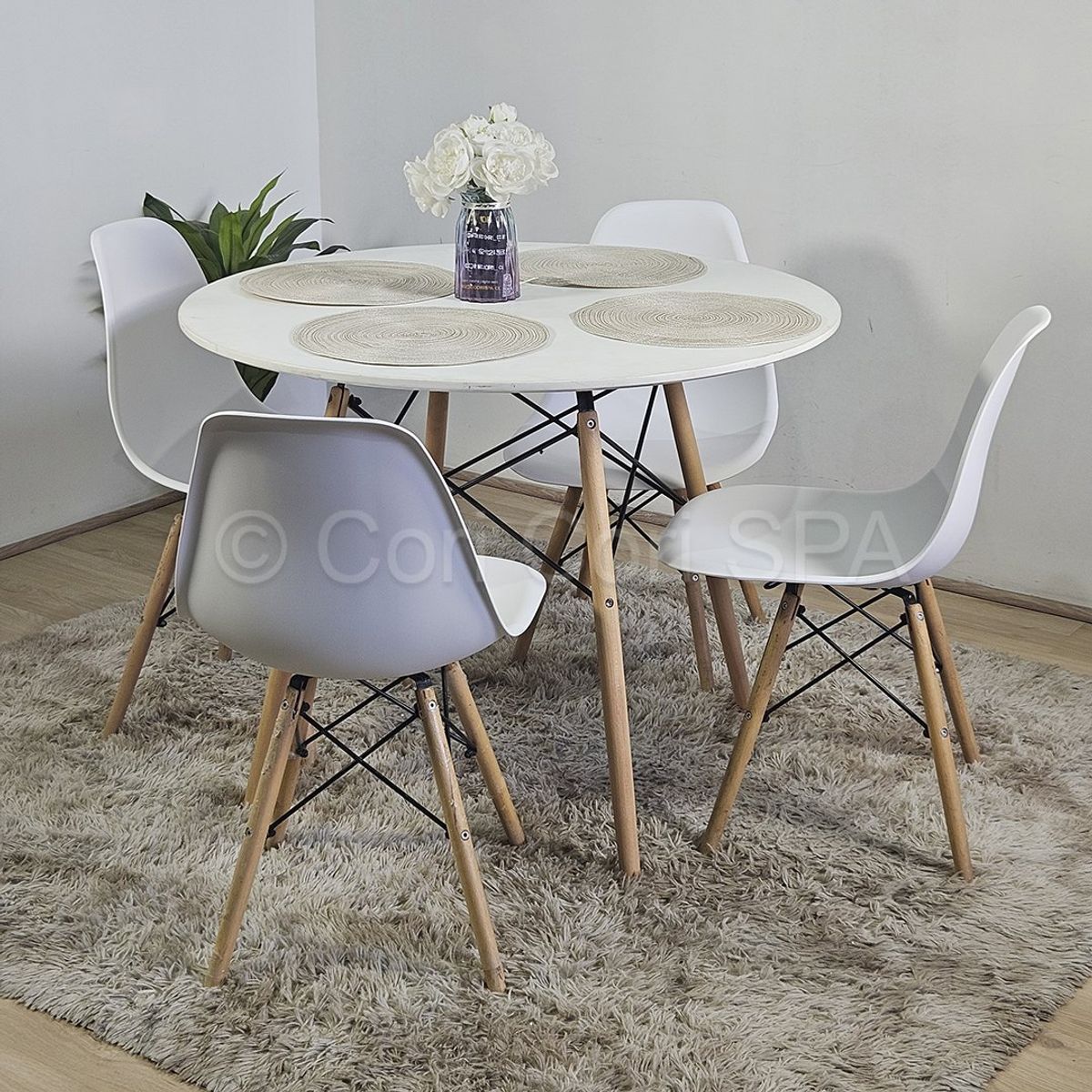 CORI CORI - Comedor Mesa Blanca 100cm + 4 Sillas Eames Blanco
