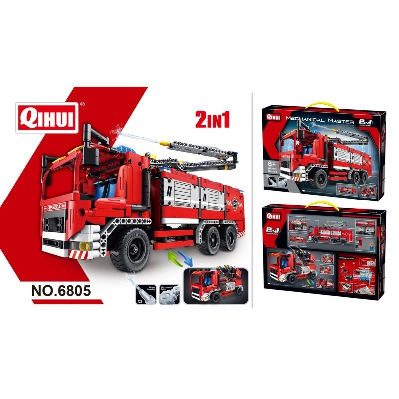 GENERICO - QIHUI 6805 TECH BRICKS FIRE TRUCK WITH WATER SPRAYING 2 IN 1