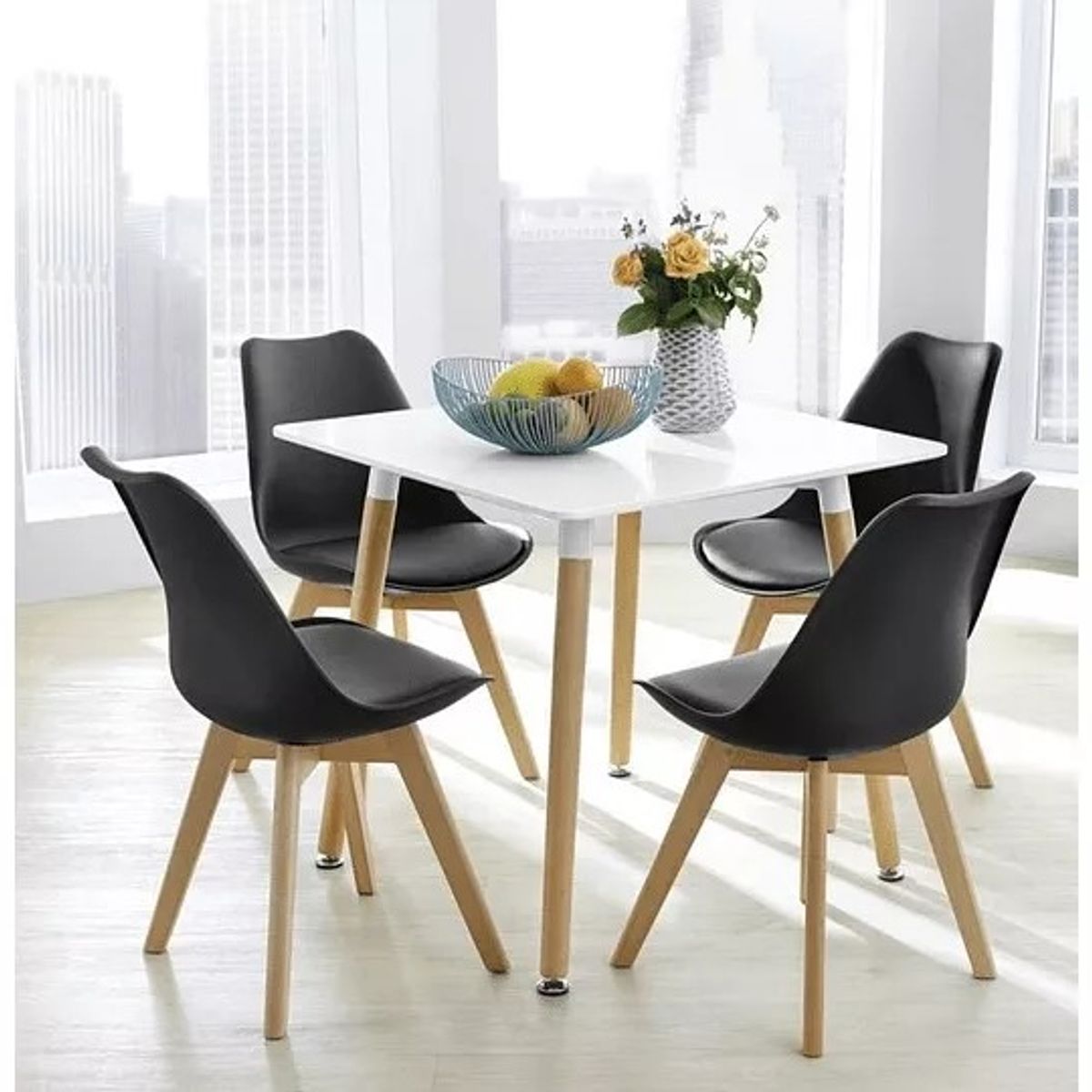 CORI CORI - Juego de Comedor Mesa Cuadrada Blanca + 4 Tulip Negro