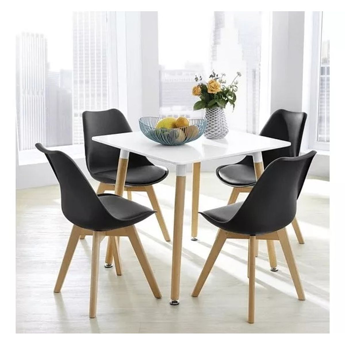 CORI CORI - Juego de Comedor Mesa Cuadrada Blanca + 4 Tulip Negro