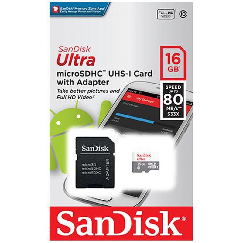 SANDISK - TARJETA DE MEMORIA MICRO-SD 16GB SANDISK ULTRA HC CLASE 10 /ADAPTADOR SD
