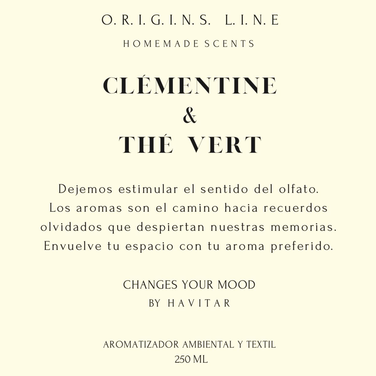 HAVITAR - Aromatizador Ambiental y Textil, vidrio 250 ML Clémentine & Thé Vert