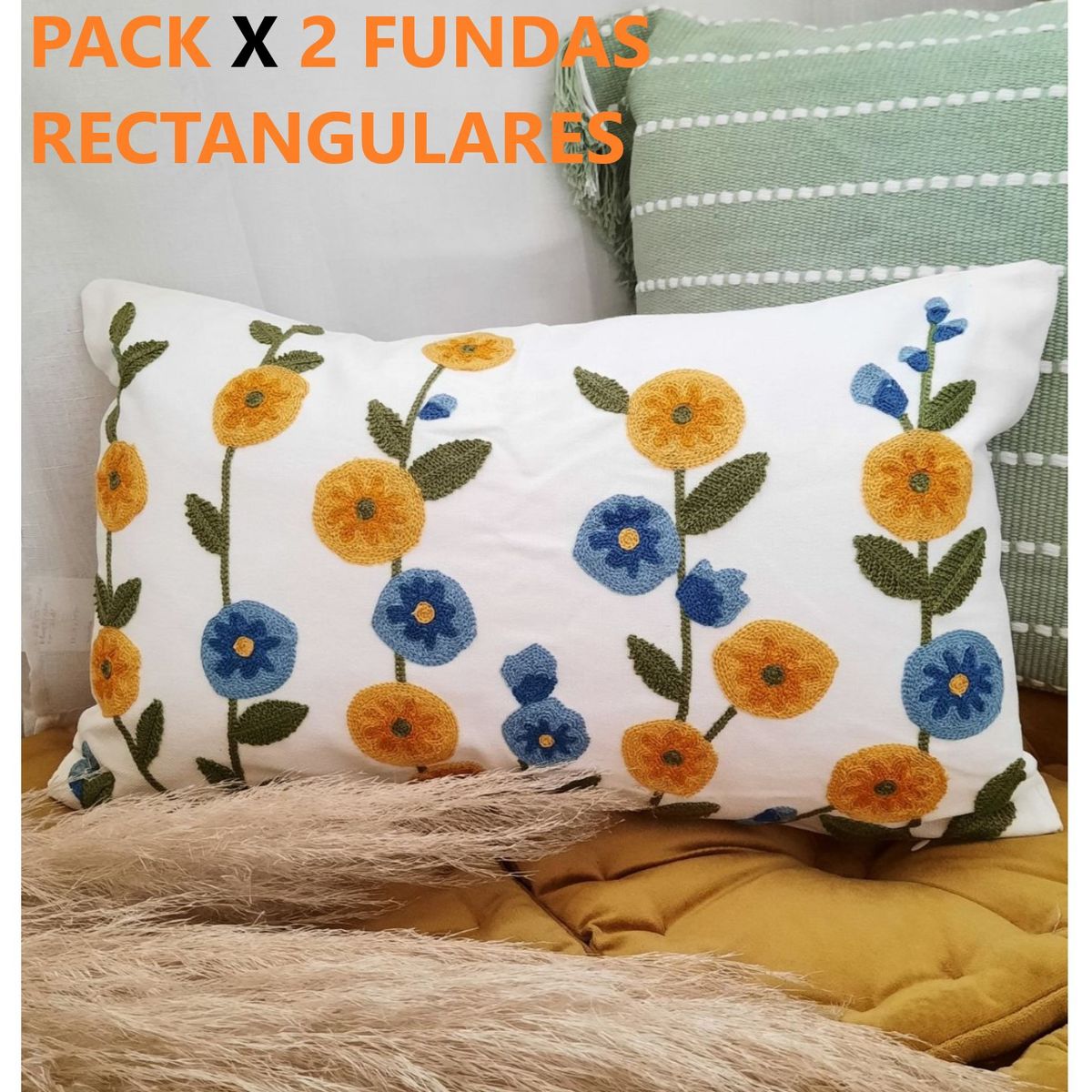COMPRAPO - Set 2 Fundas para Cojín Bordado Flor Mostaza y Celeste Rectangular