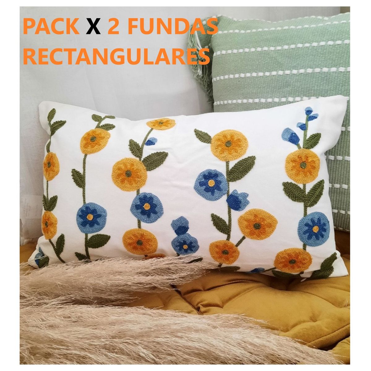 COMPRAPO - Set 2 Fundas para Cojín Bordado Flor Mostaza y Celeste Rectangular