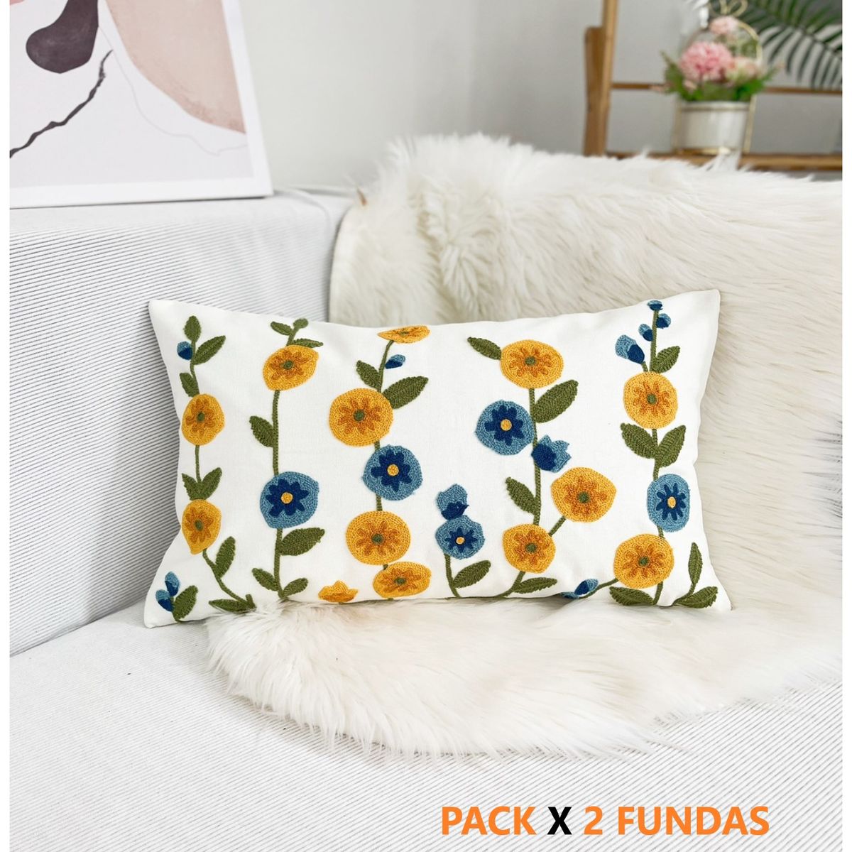 COMPRAPO - Set 2 Fundas para Cojín Bordado Flor Mostaza y Celeste Rectangular