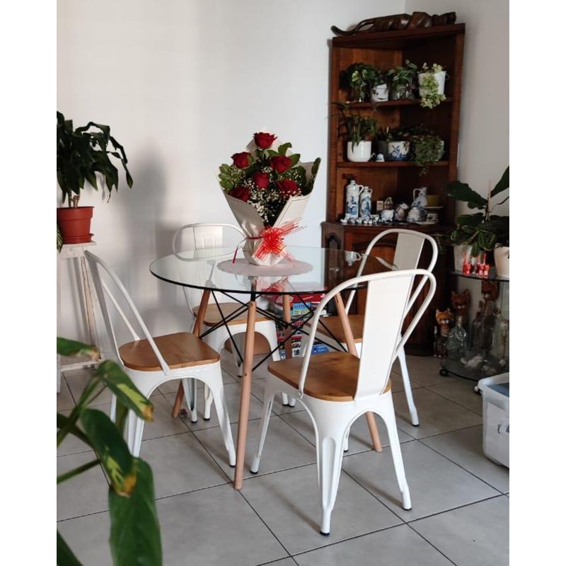CORI CORI - Comedor Mesa Vidrio 100cm + 4 Sillas Tolix Blanco Asiento Madera