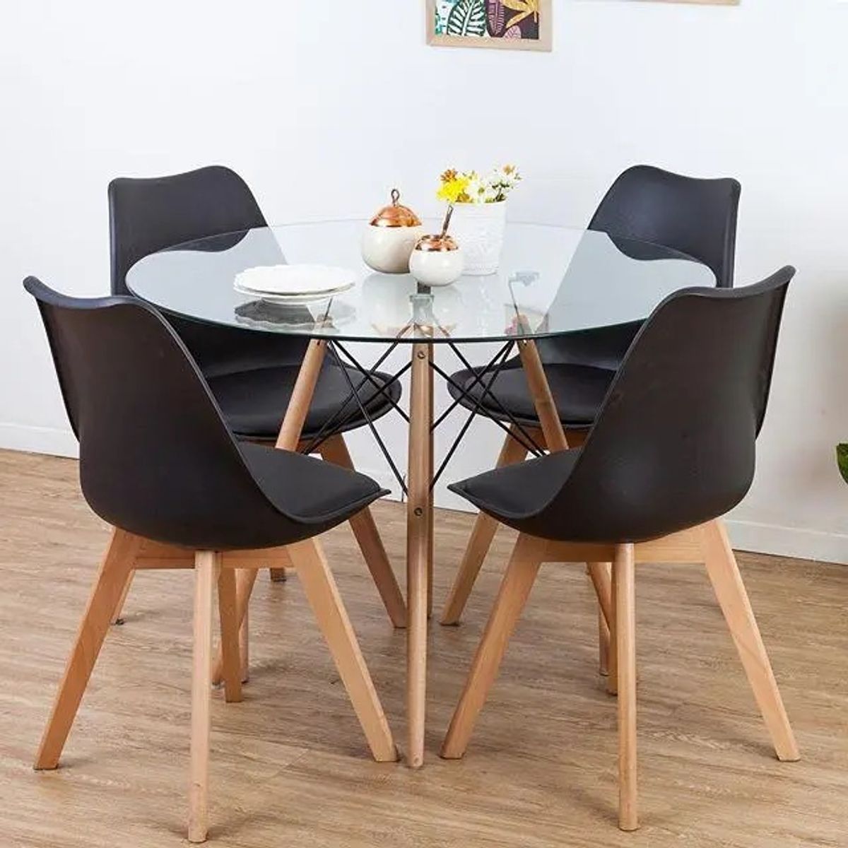 CORI CORI - Juego de Comedor Mesa Eames Vidrio 100 cm + 4 Tulip negro