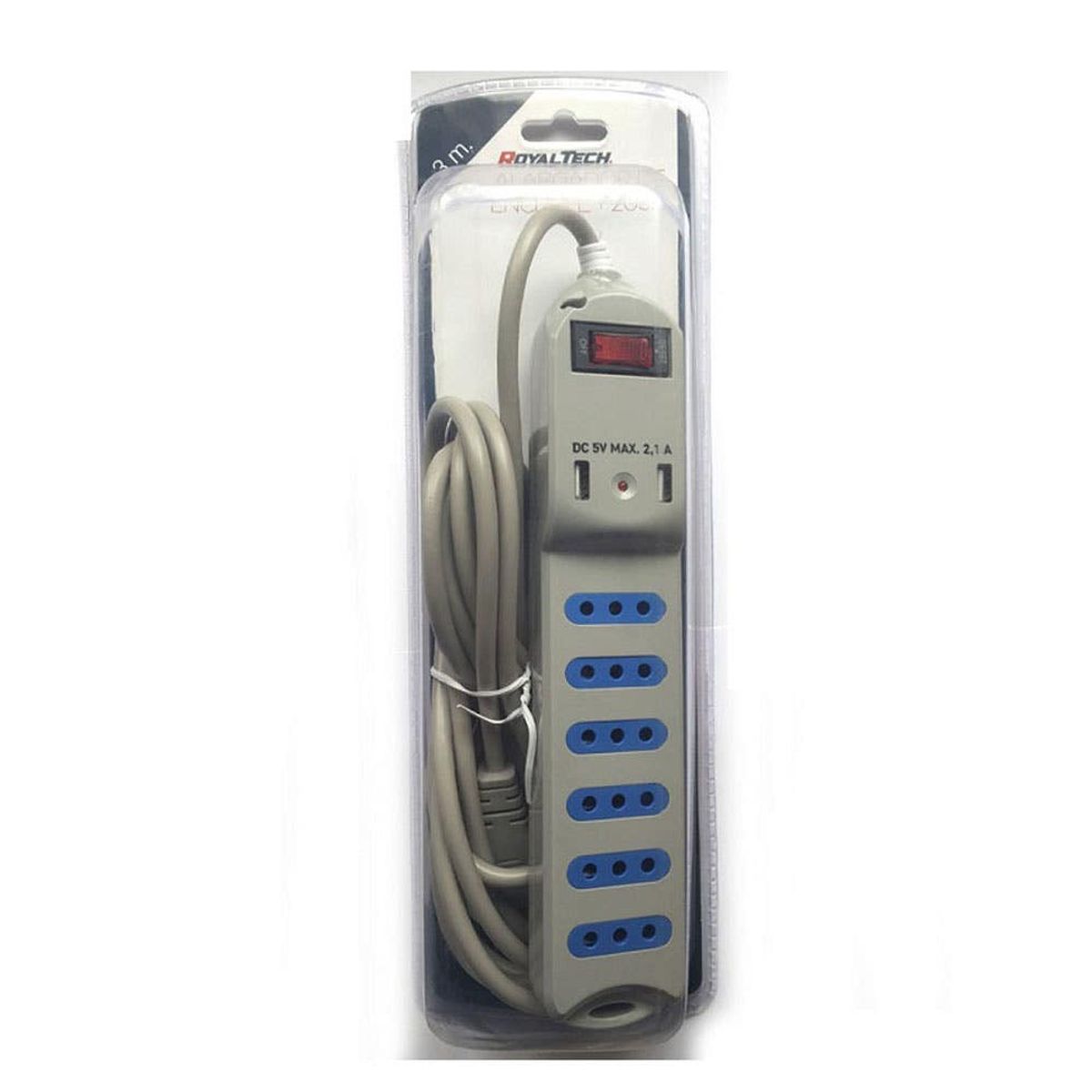 ROYALTECH - ALARGADOR 3MTS / 6 TOMAS, GRIS + 2 USB ROYALTECH