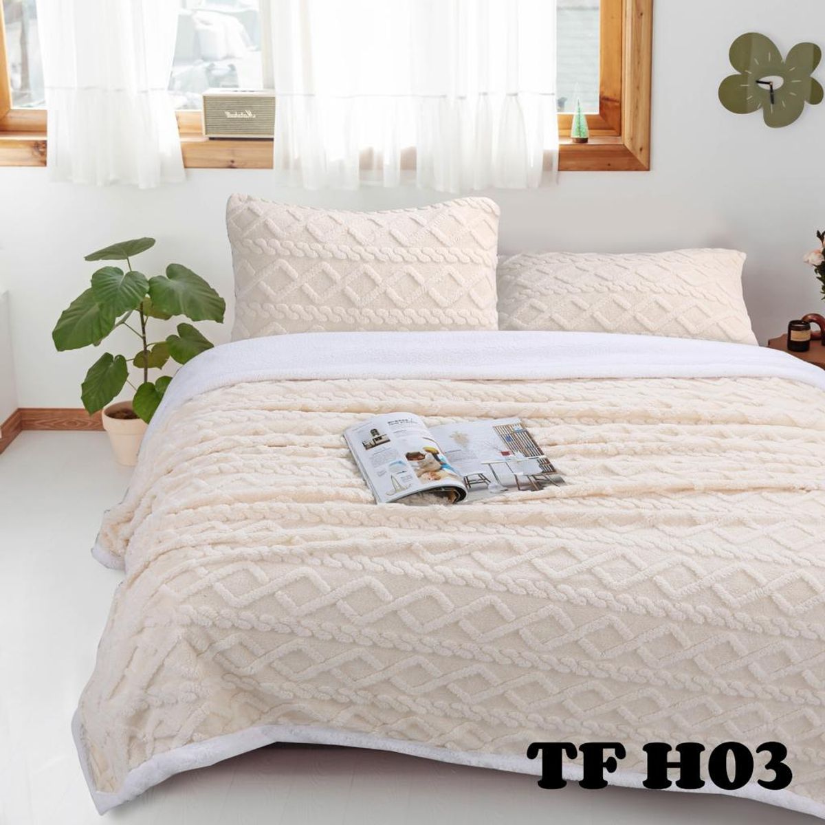 GENERICO - Frazada con Chiporro 1.5 Plazas + 1 Funda de Almohada - Crema TFH03