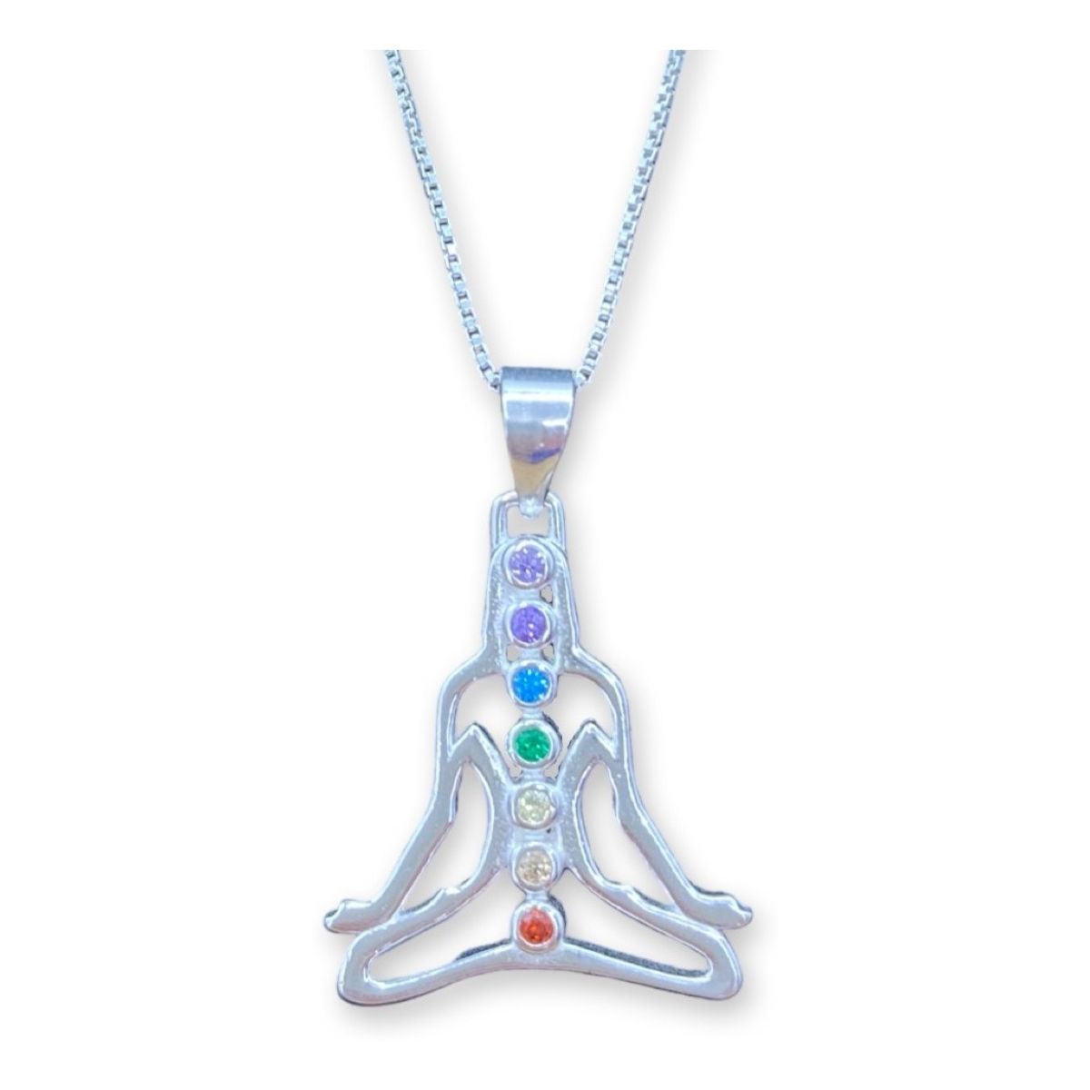 GENERICO - Collar Posición Yoga Loto 7 Chakras Circon Plata 925 +caja