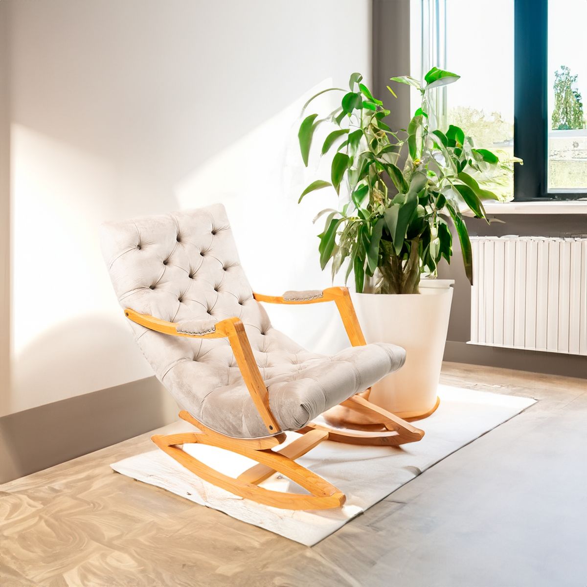 MUEBLES NEW - Silla Mecedora Capitone Beige Felpa.