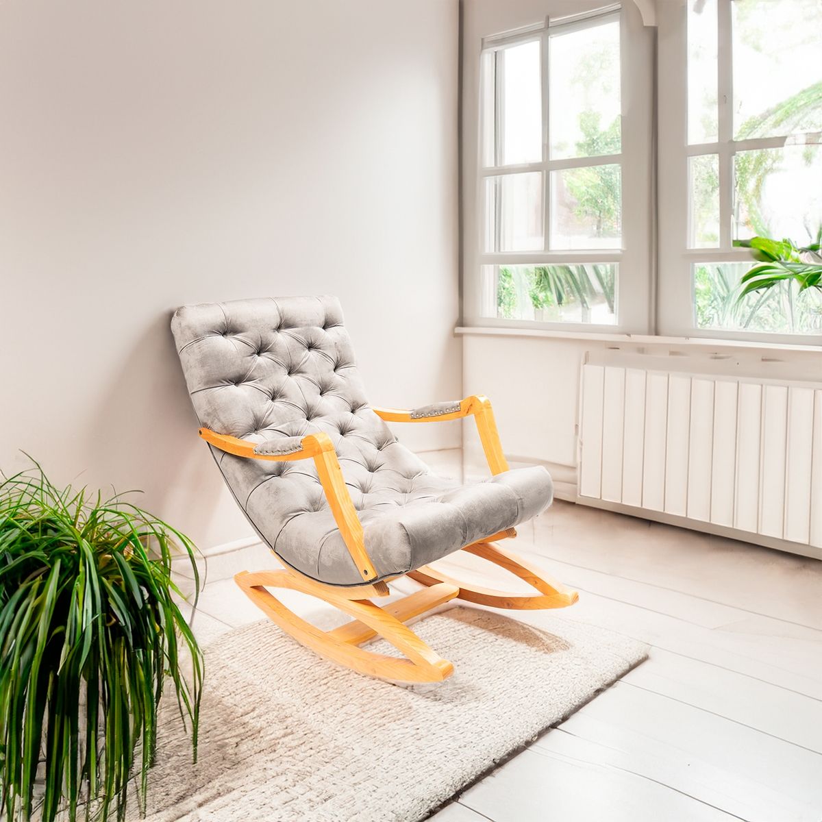 MUEBLES NEW - Silla Mecedora Capitone Gris Felpa.