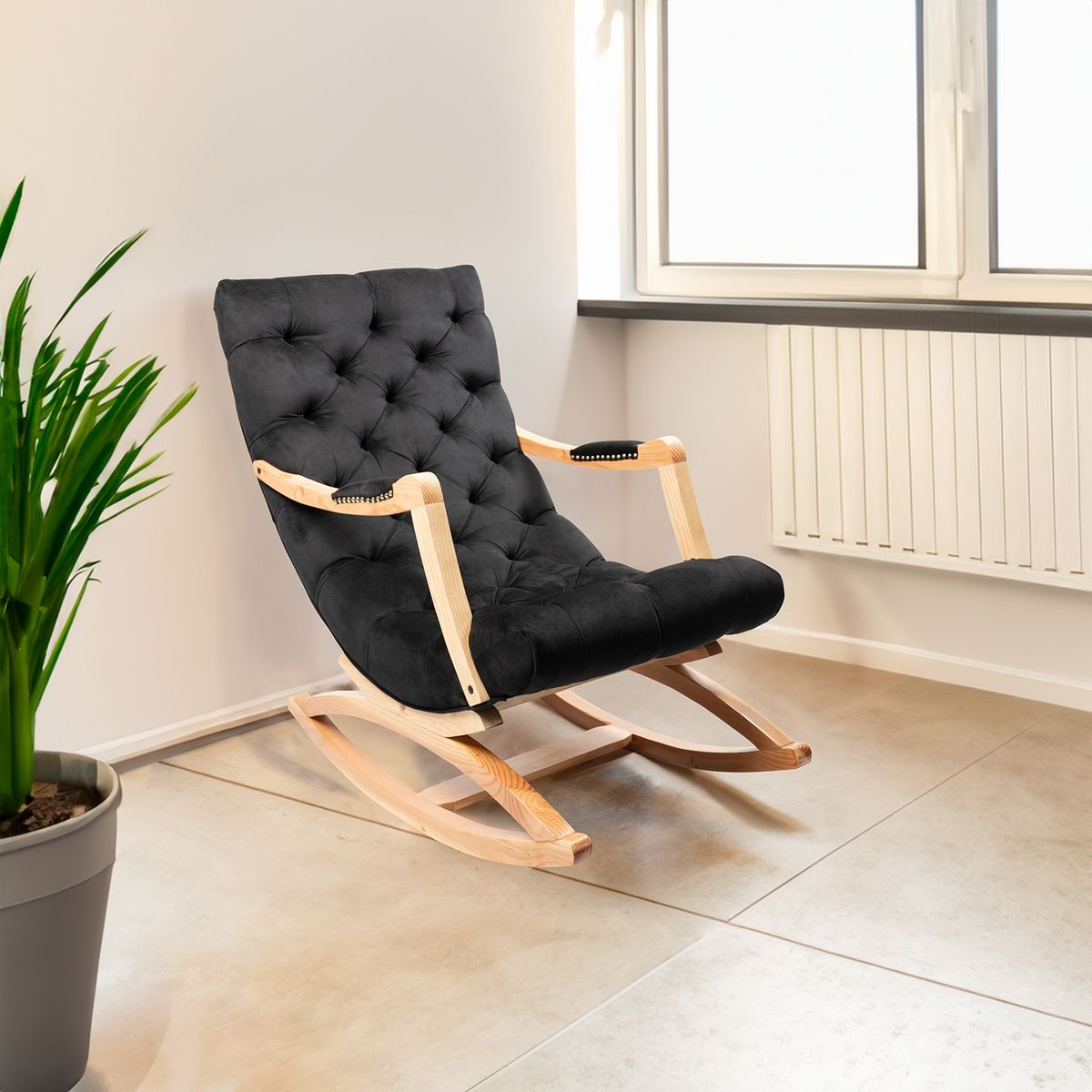 MUEBLES NEW - Silla Mecedora Capitone Negro Felpa.