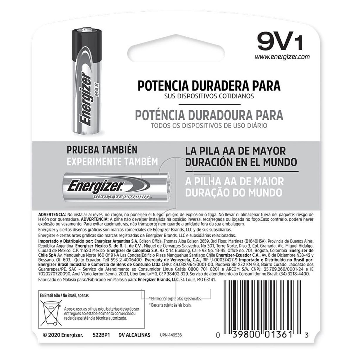 ENERGIZER - BATERIA ALCALINA 9VOLT ENERGIZER E522BP1