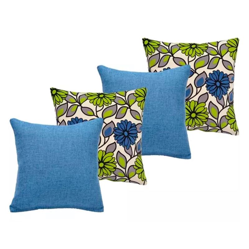 GENERICO - Set 4 Cojines Estampado Flor Y Liso 43 X 43 Cm Azul