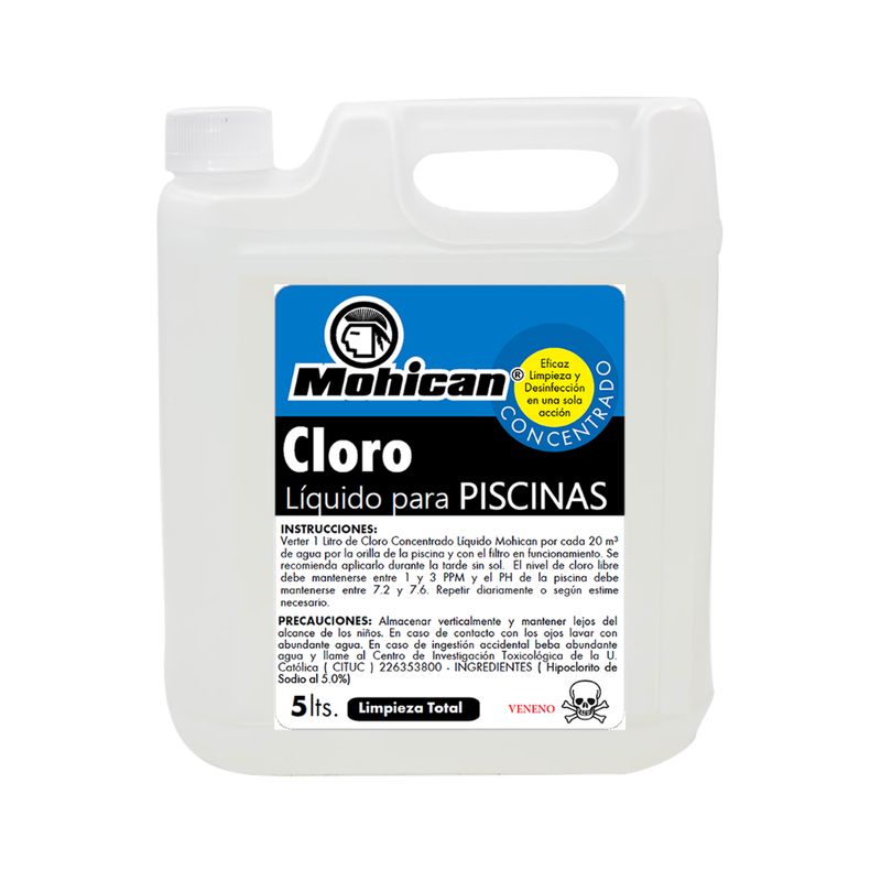 MOHICAN - CLORO LIQUIDO CONCENTRADO PARA PISCINAS MOHICAN 5 LT