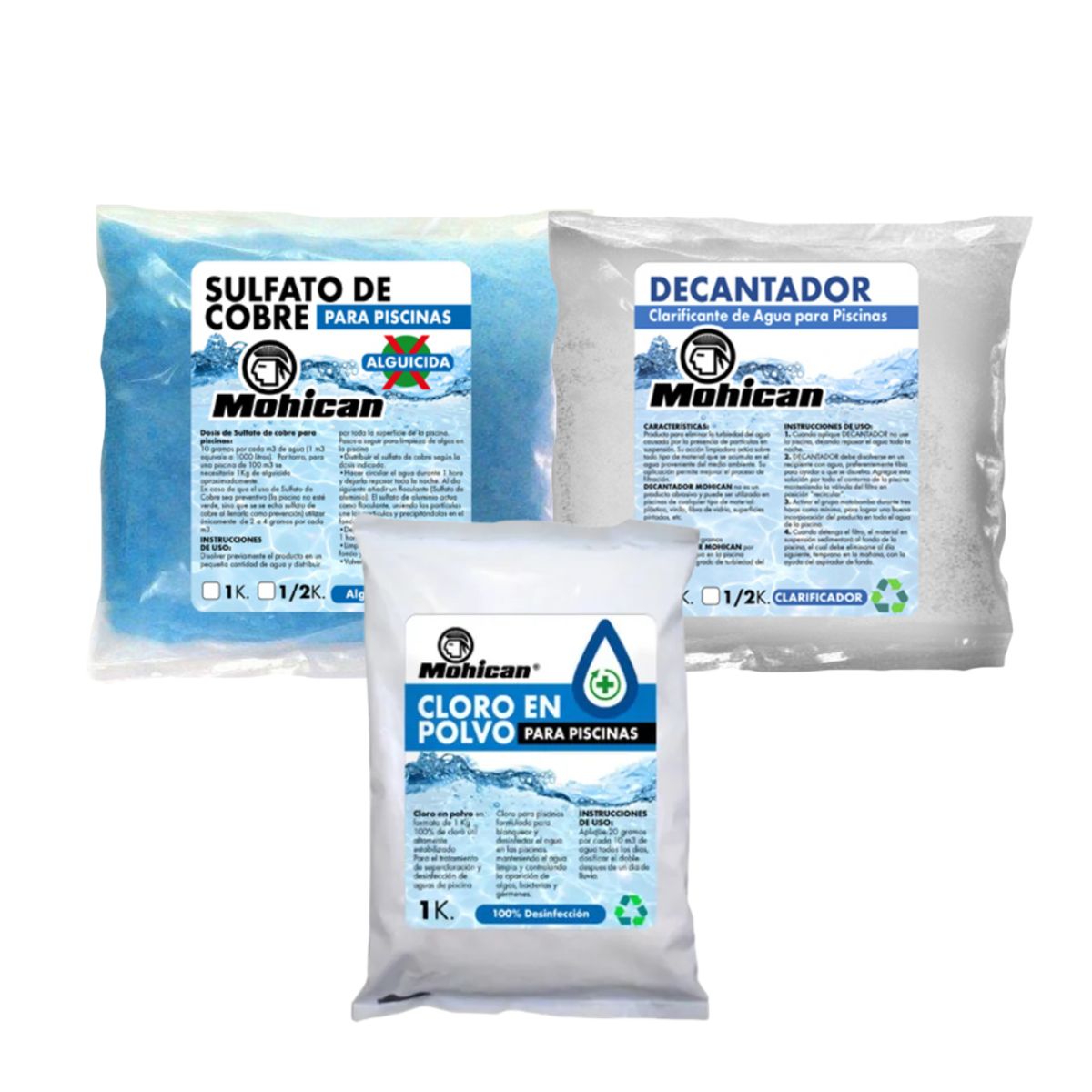 MOHICAN - PROMO ALGUICIDA PISCINA + CLORO POLVO + DECANTADOR 1KG C/U