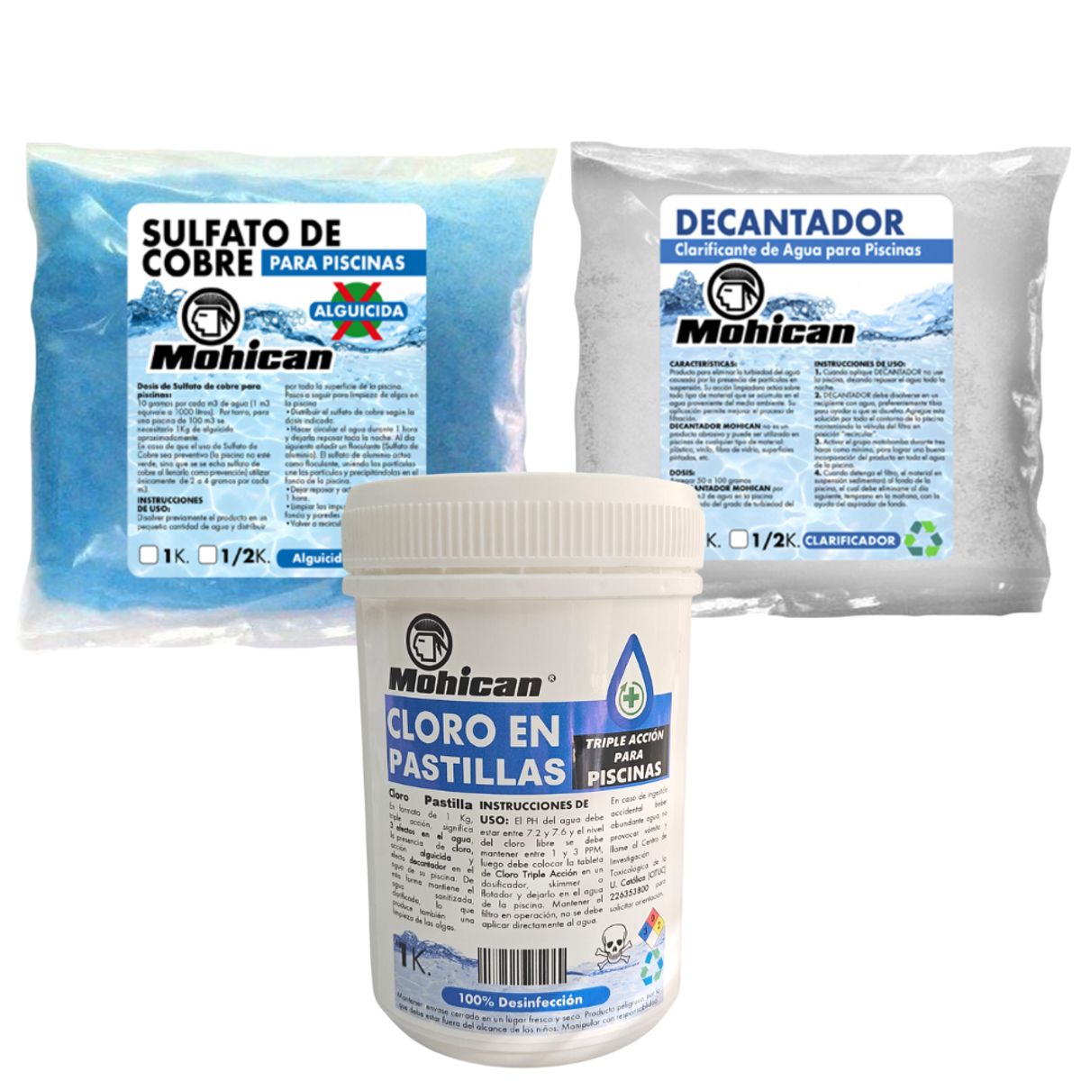 MOHICAN - PROMO ALGUICIDA PISCINA + CLORO TRIPLE ACCIÓN + DECANTADOR