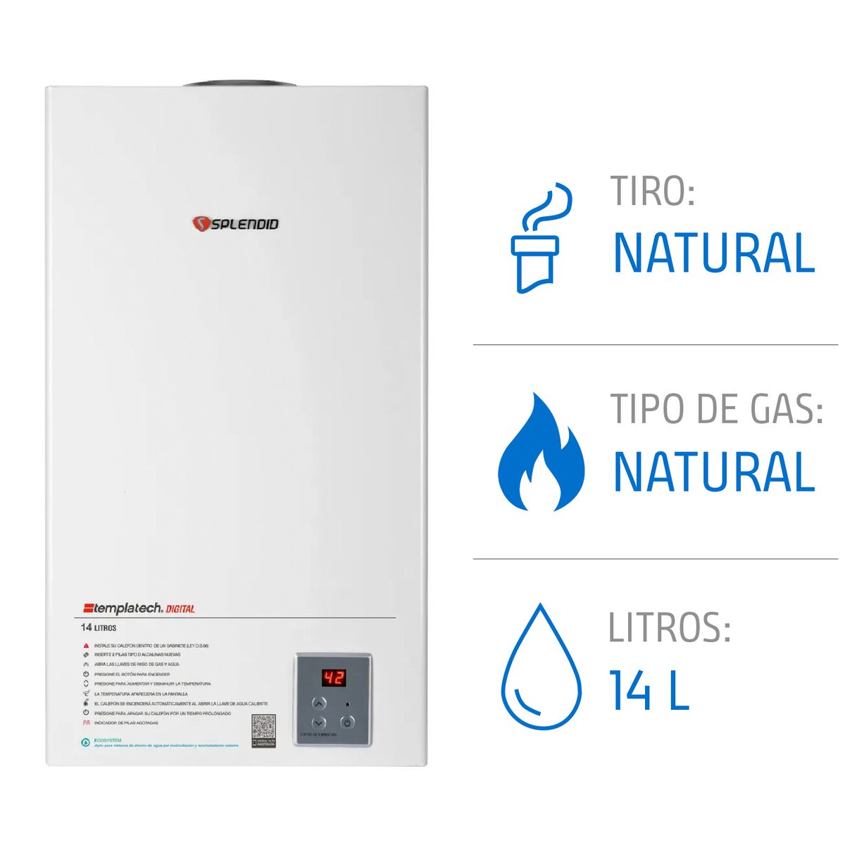 Calefont 14 litros Gas natural Tiro natural Splendid, marca SPLENDID - Foto Principal