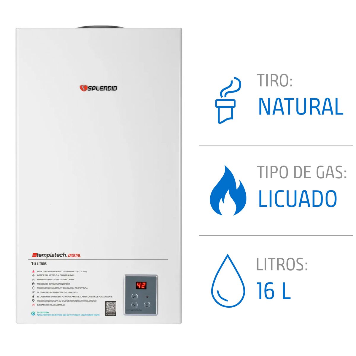 Calefont 16 litros Gas licuado Tiro natural Splendid, marca SPLENDID - Foto Principal