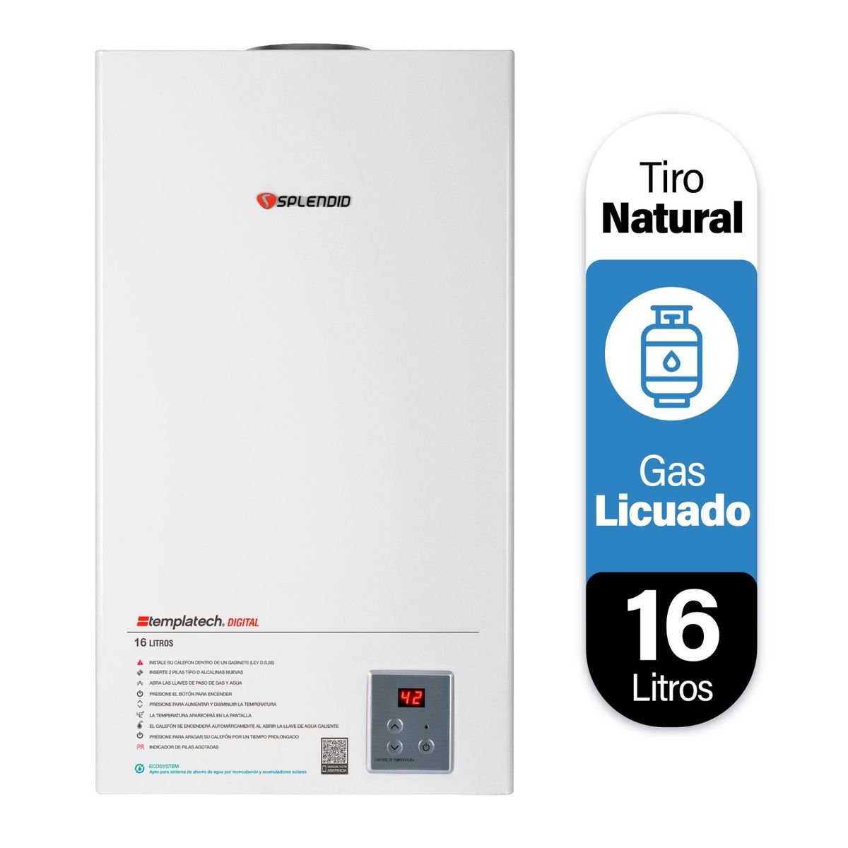 SPLENDID - Calefont 16 litros Gas licuado Tiro natural Splendid