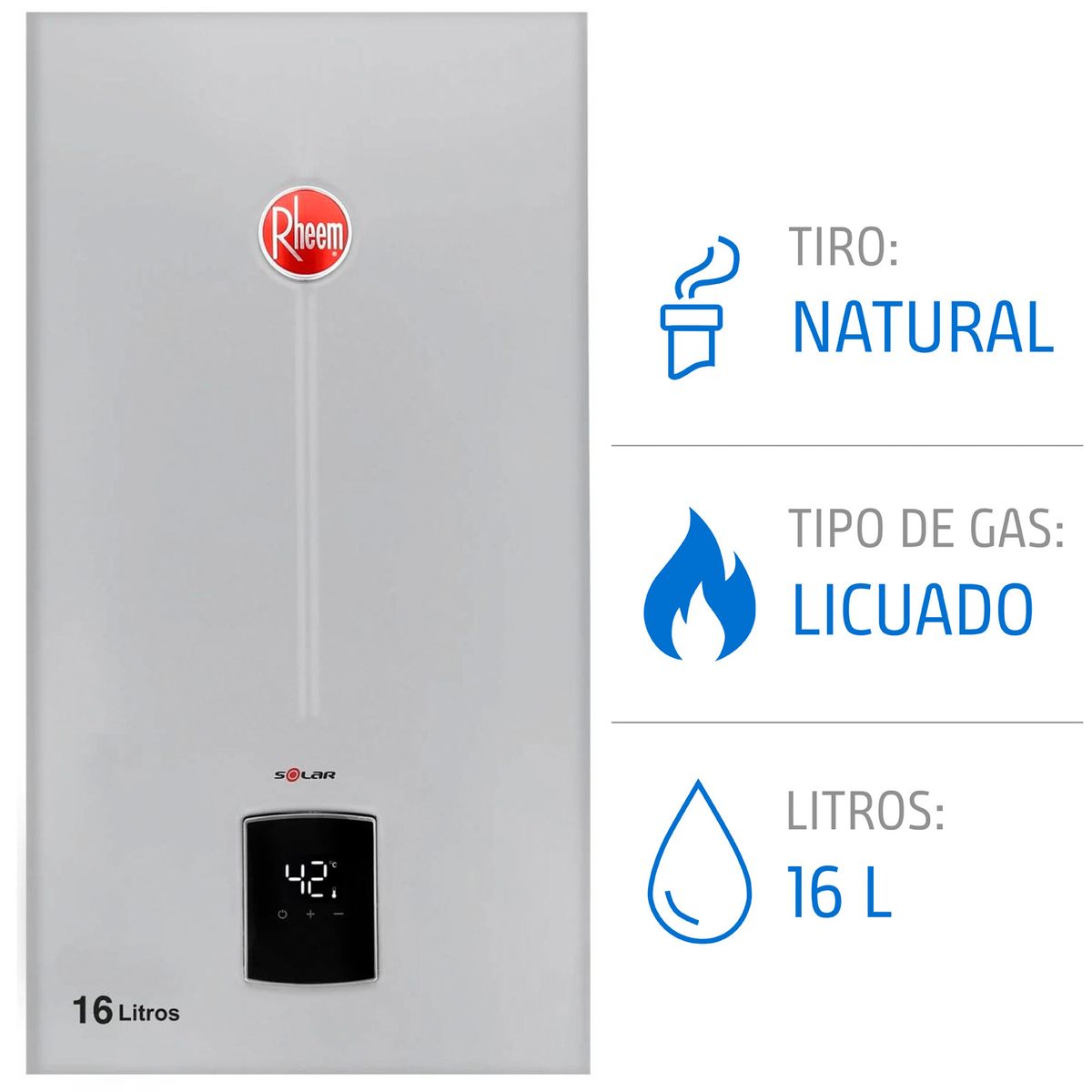 RHEEM - Calefont 16 litros Gas licuado Tiro Natural Rheem