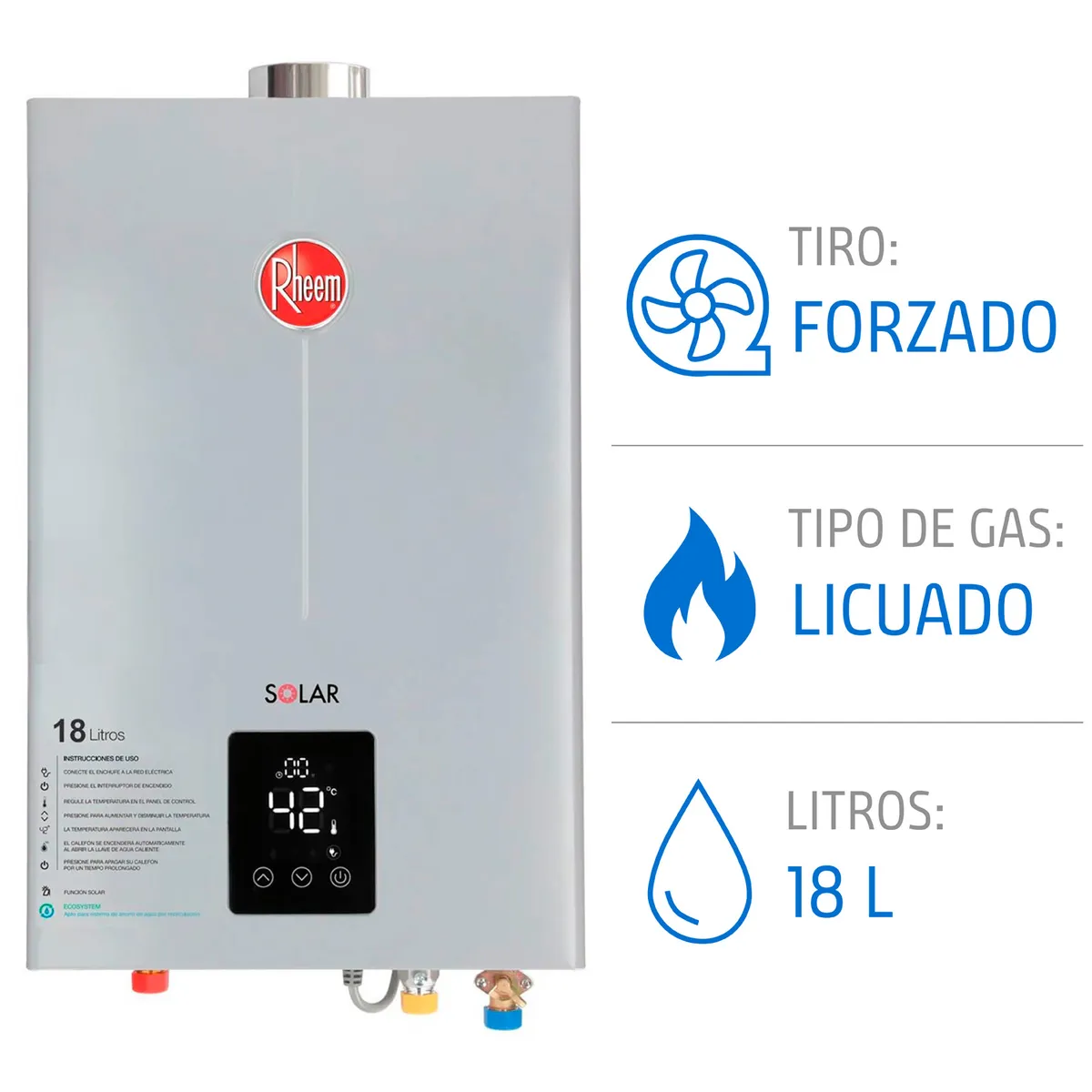 RHEEM - Calefont 18 litros Gas licuado Tiro forzado Rheem