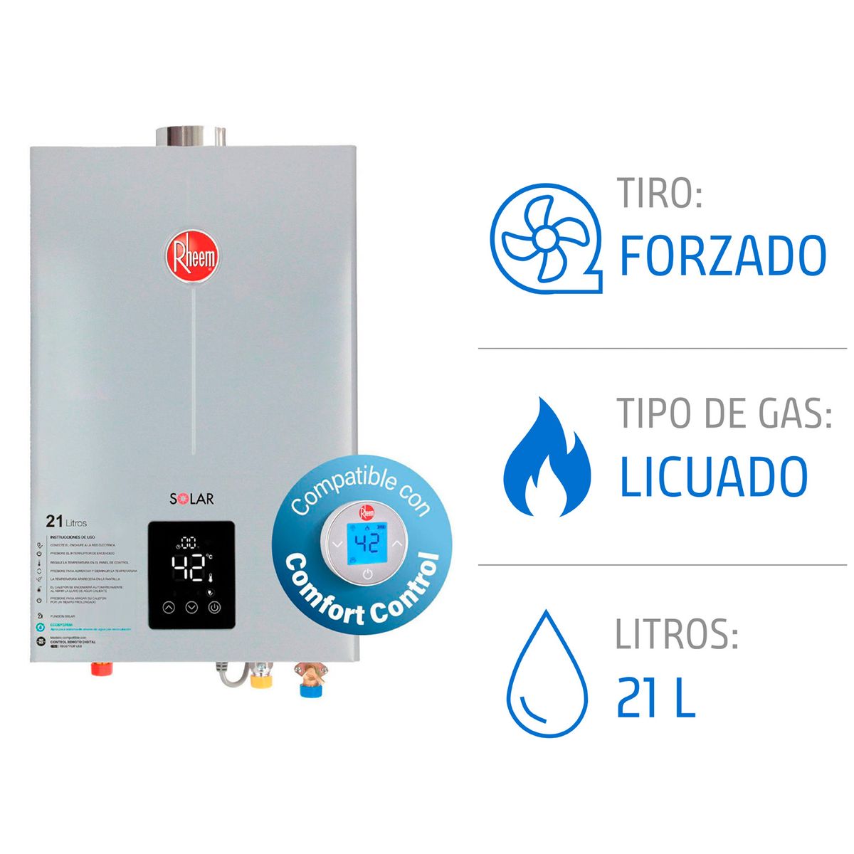 RHEEM - Calefont 21 litros Gas licuado Tiro forzado Rheem