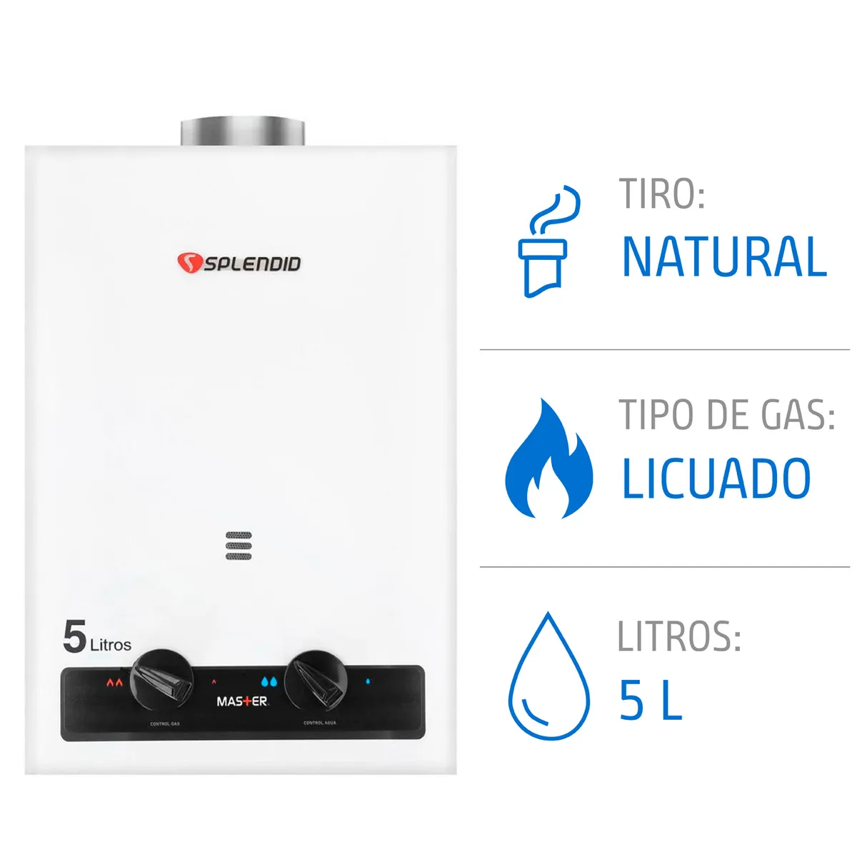 Calefont 5 litros Gas licuado Tiro natural Splendid, marca SPLENDID - Foto Principal