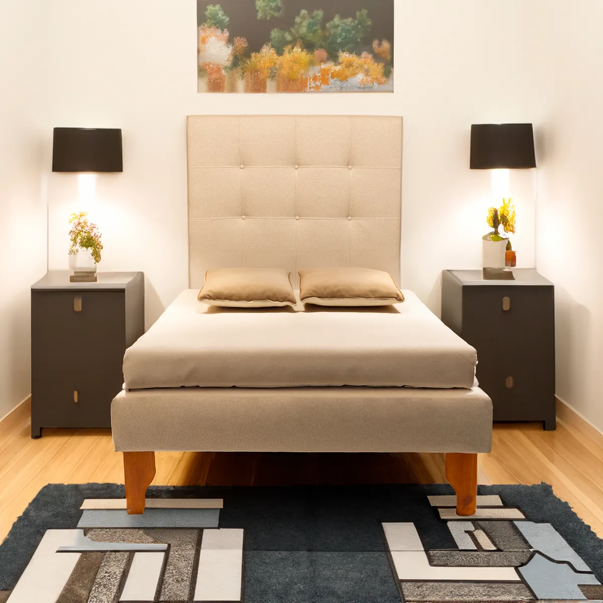 MUEBLES NEW - CAMA PLAZA Y MEDIA BEIGE LINO.