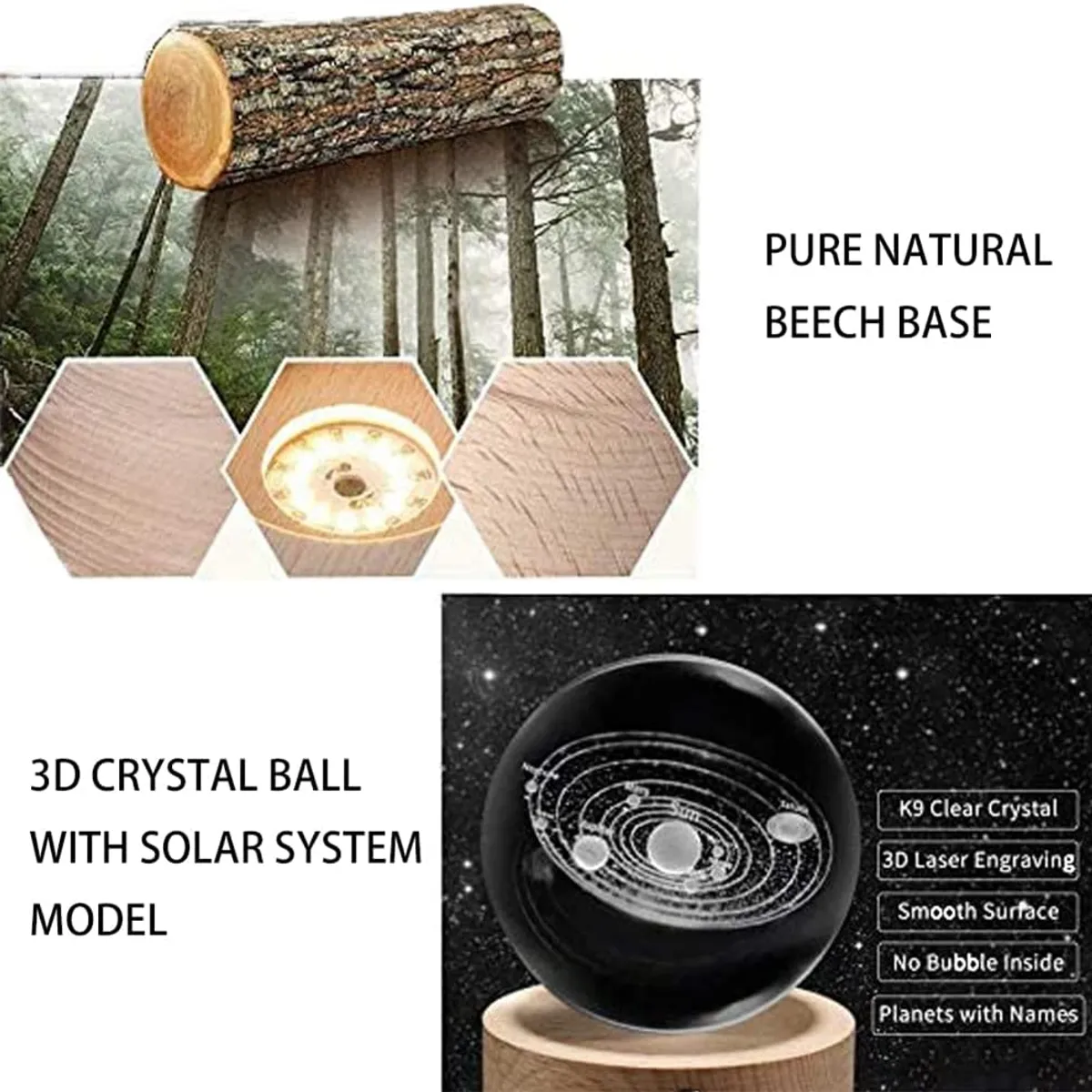 KUANGYE - Lampara De Noche Led 3d Galaxia Bola Cristal Sistema Solar