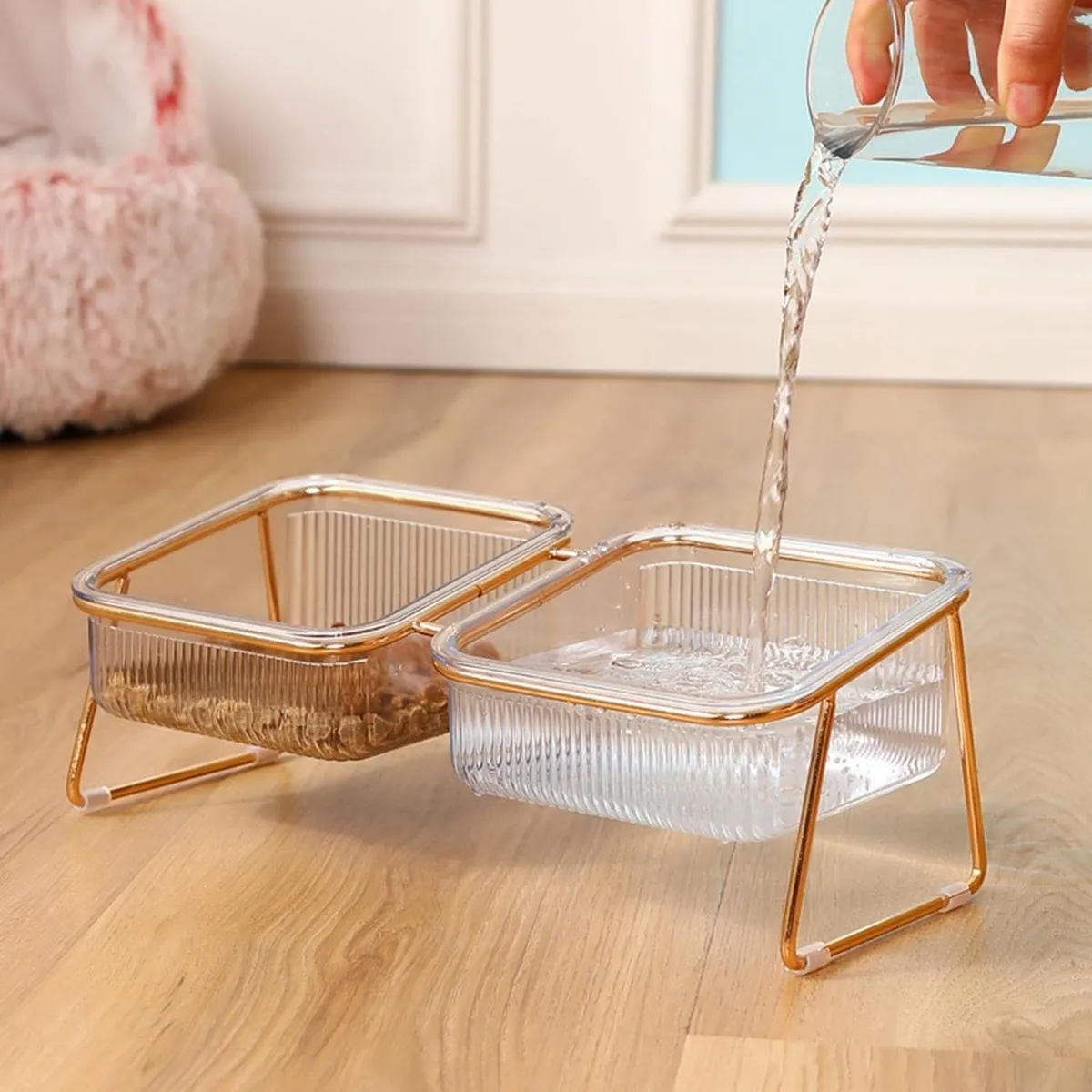 SANTU HOME & DECO - Comedero Bebedero Dorado Plato Doble Gato y Perro