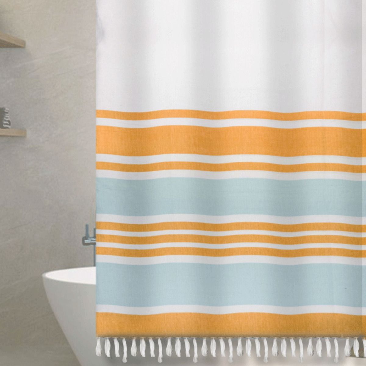 DECO EXPRESS - Cortina Baño Tela Mas Flecos Marinera Turquesa