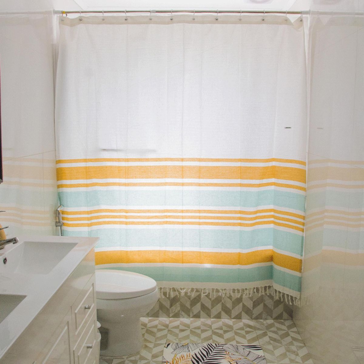 DECO EXPRESS - Cortina Baño Tela Mas Flecos Marinera Turquesa